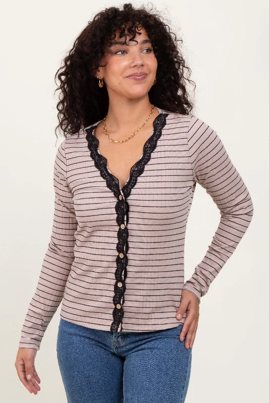 Women's Urban Clothing Mocha Striped Ribbed Long Sleeve Lace Detail Button Down Cardigan