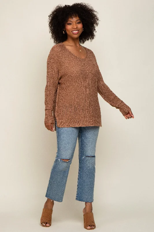 Women's Seasonal Clothes Mocha Chunky Knit Side Slit Sweater