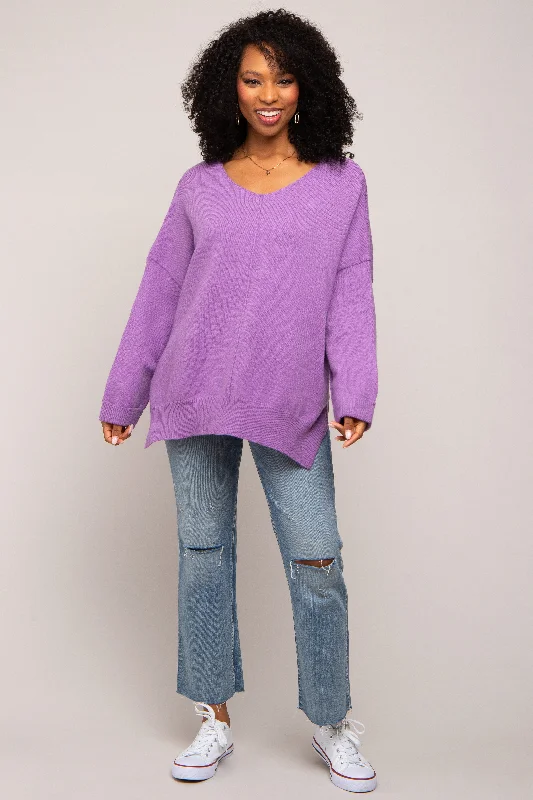 Casual Outfit For Women Purple Dolman Sleeve Side Slit Sweater