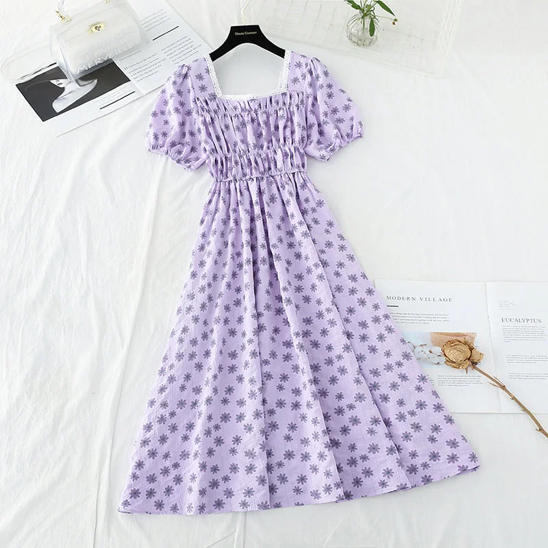 Women's Clothing Boutique New style square neck Floral Chiffon Skirt French waist closing slim skirt  4675