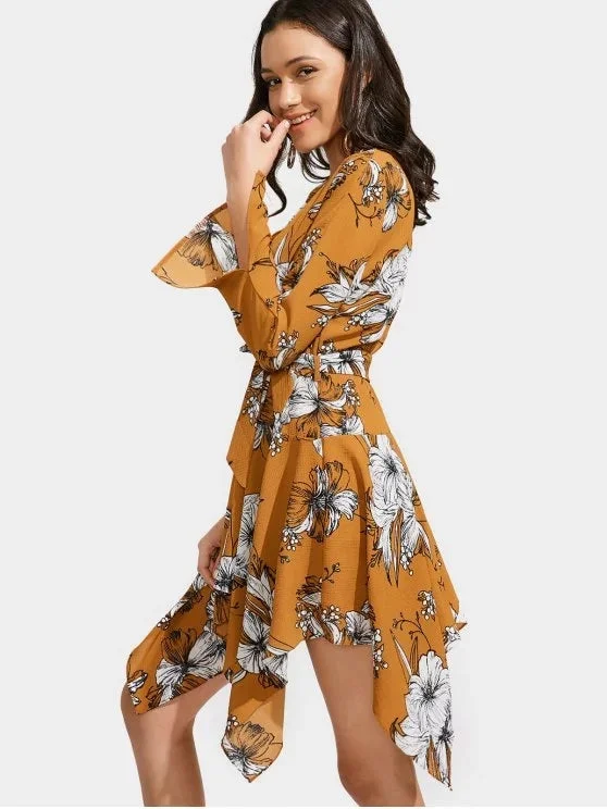 Women's Layered Outfit TastyHottie - Cheap Floral Print Belted Asymmetric Dress