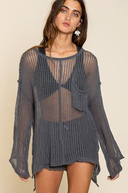 Affordable Women's Apparel Loose Fit See-through Boat Neck Sweater