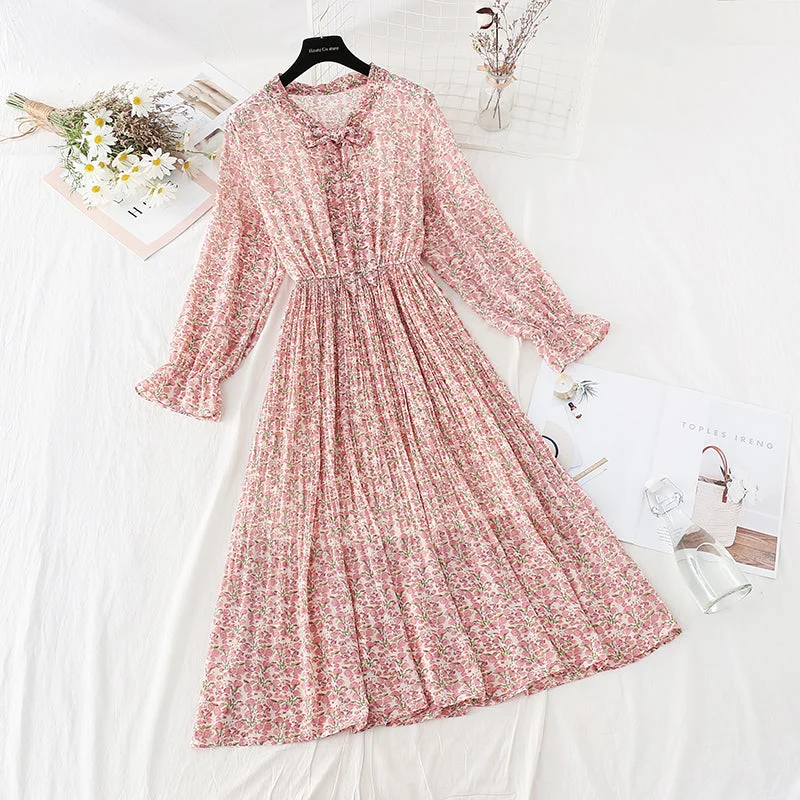 Women's Casual Wear Clothes New Chiffon bow pleated skirt elastic waist thin age reducing Floral Dress  4807