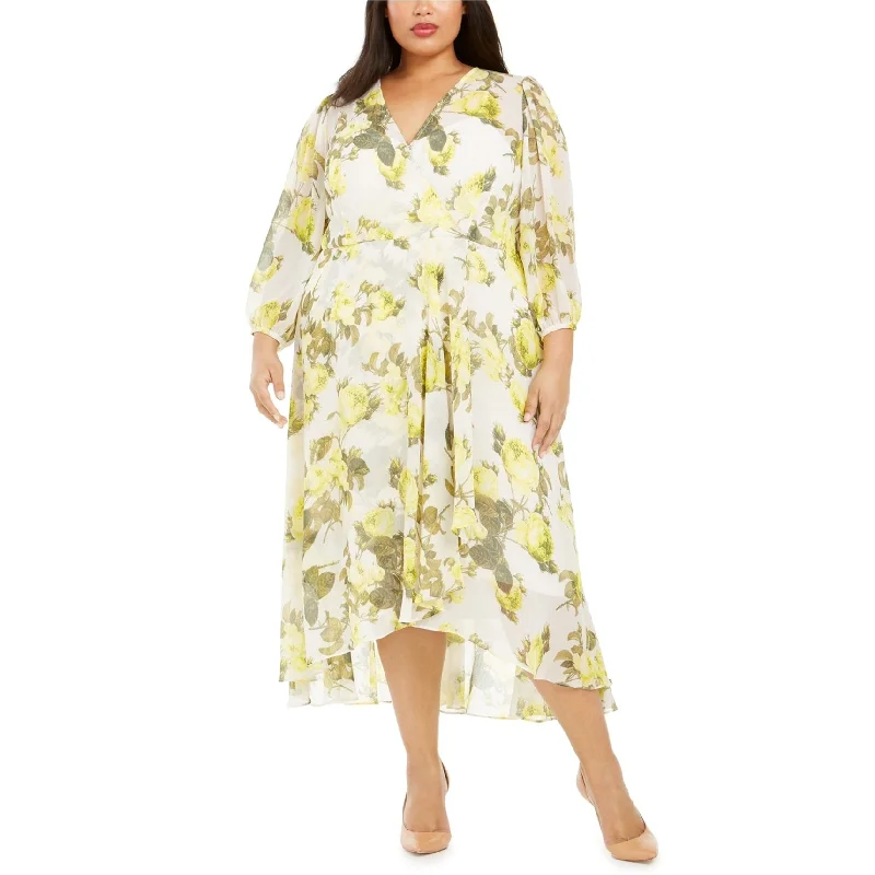 Fashion Women's Clothing Calvin Klein Womens Floral Chiffon High-Low Maxi Dress, Yellow, 22W