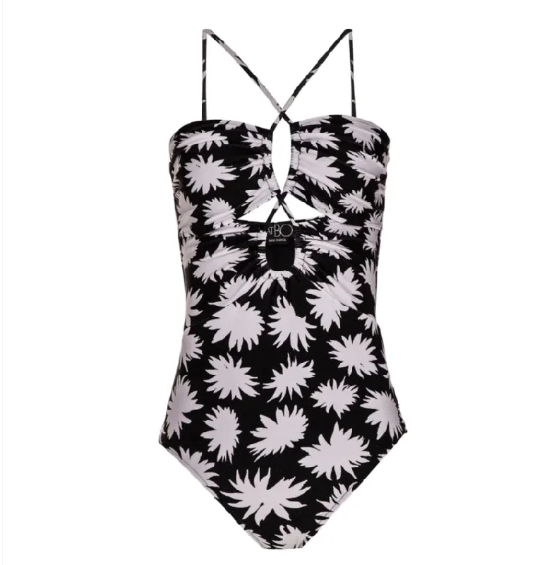 Women's Clothing For Travel Patbo Women Black White Floral Dahlia Lace Up One-Piece Swimsuit