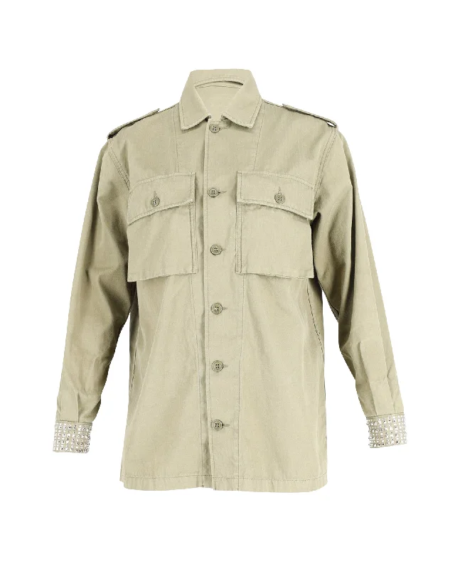 Casual Fashion for Women Saint Laurent Embellished Cuff Military Jacket in Light Khaki Cotton