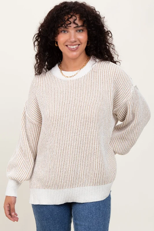 Women Online Clothing Boutiques Taupe Ribbed Balloon Sleeve Sweater