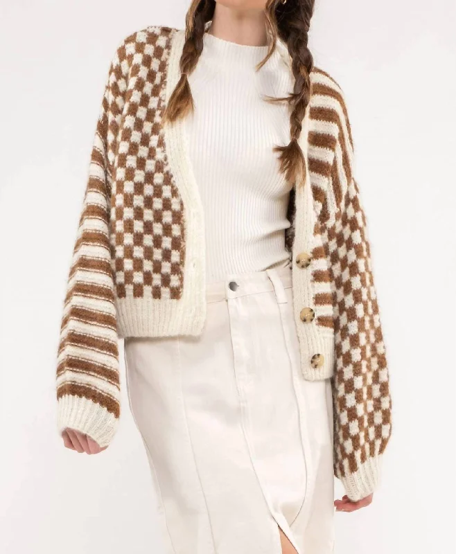 Women's Casual Apparel For Weekends Stripe And Checkered Drop Shoulder Knit Cardigan In Brown