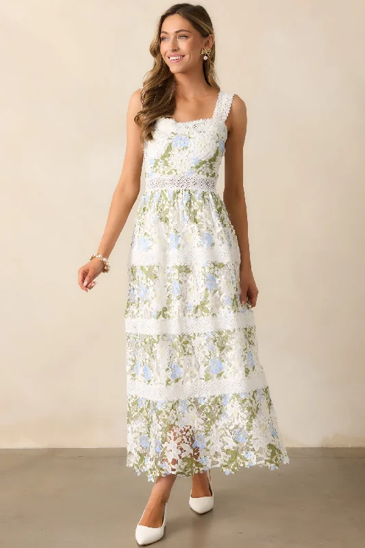 Women's Vacation Outfit Set Spring Romance Ivory Floral Embroidered Midi Dress