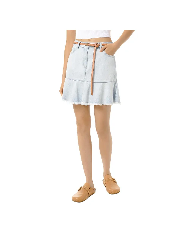 Sale Clearance Womens Flounce Frayed Hem Denim Skirt