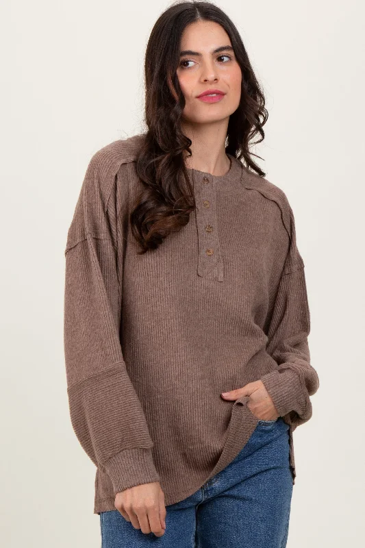 Affordable Women's Clothing Sale Online Mocha Oversized Ribbed Knit Henley Sweater