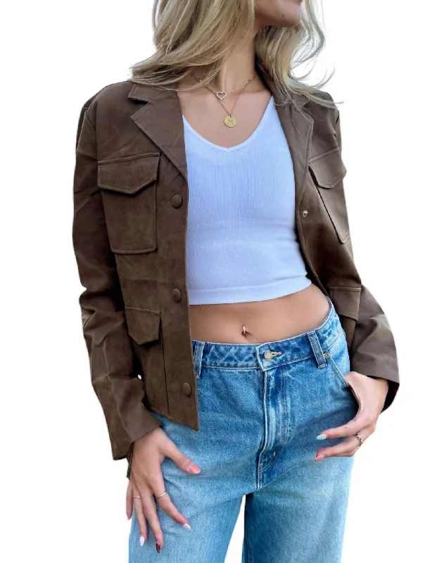 Fashionable Women's Casual Apparel Faux Leather Collar Neck Pocket Jacket In Brown