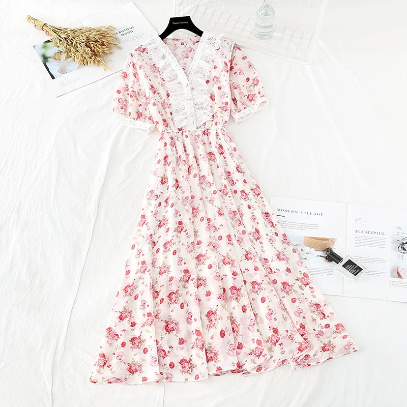 Women Clothes New soft wind floral skirt, slim waist, French minority dress  4643