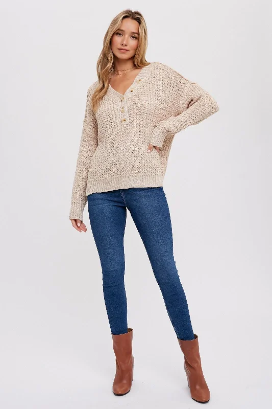 Women's Sporty Clothes Beige Chunky Knit Button V-Neck Sweater