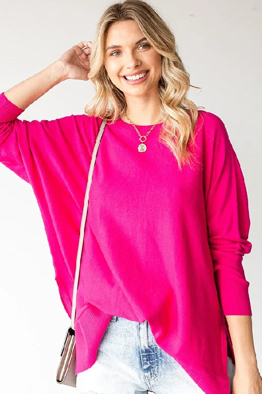 Women's Clothes Fuchsia Dolman Sleeve Side Slit Sweater