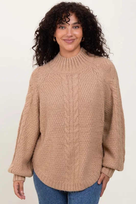 Big Sale Event Beige Mixed Chunky Cable Knit Mock Neck Sweater