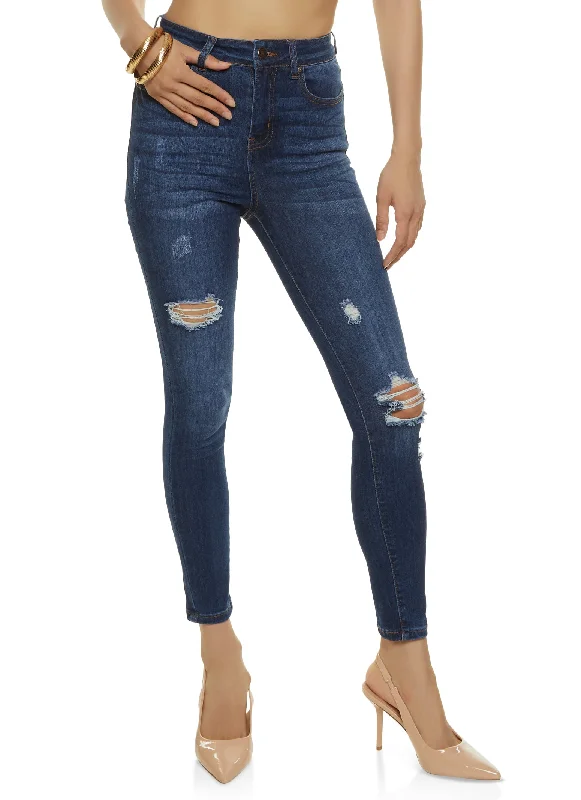 Charming Everyday Clothing For Women WAX Stretch Distressed High Rise Jeans