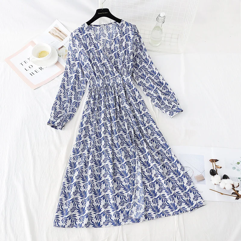 Women's Sporty Clothes V-neck waist closing Chiffon Dress slim and light mature wind floral skirt  4806