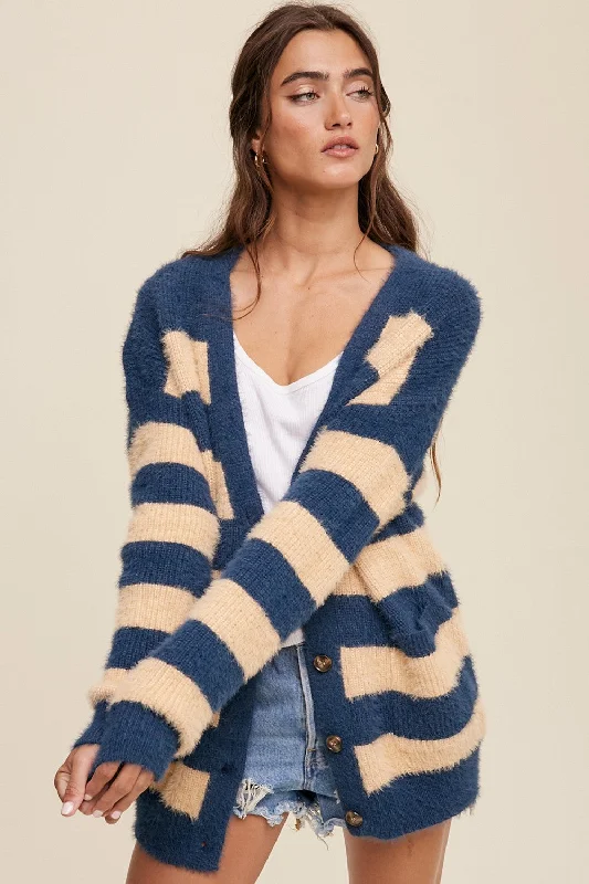 Women's Trendy Garments Navy Blue Striped Fuzzy Cardigan