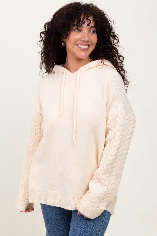 Women Apparel Cream Pullover Knit Hoodie