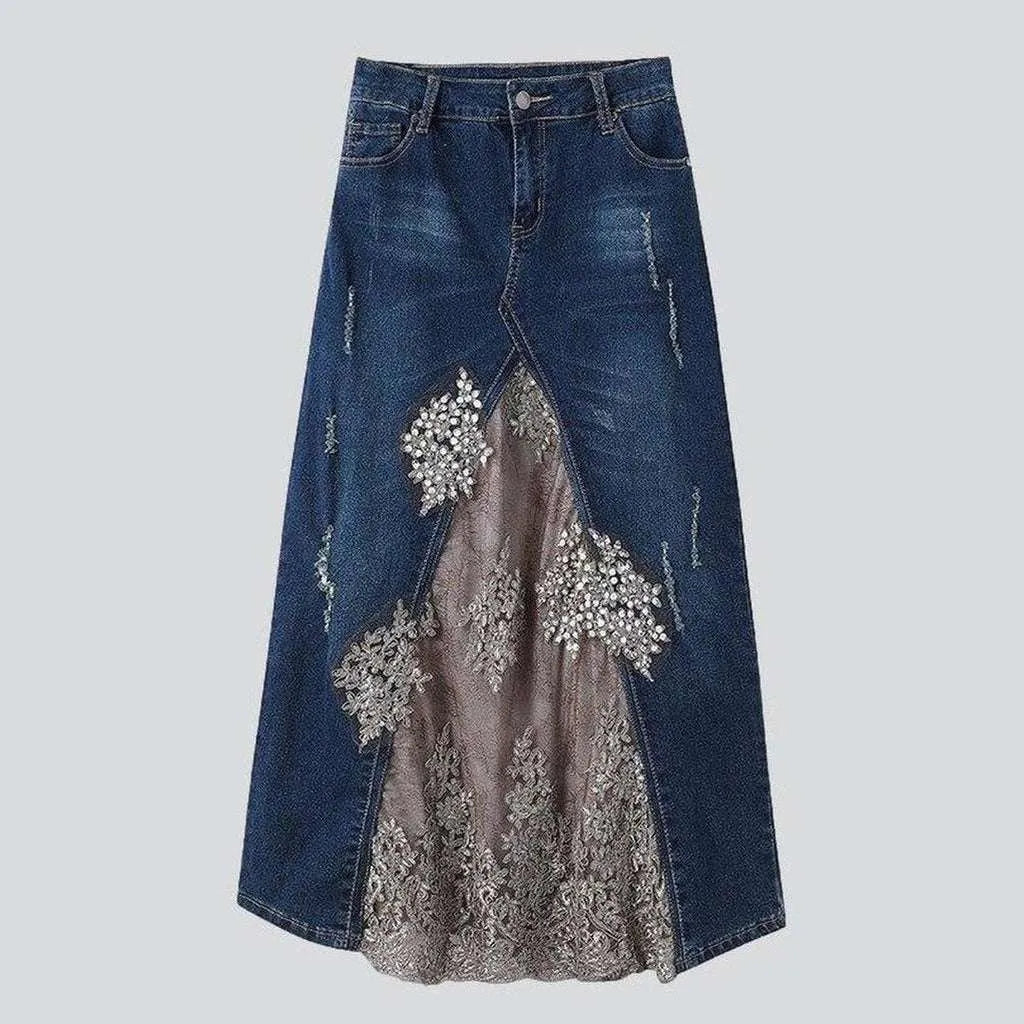 Women's Vintage-Inspired Clothing Jeans skirt decorated with lace