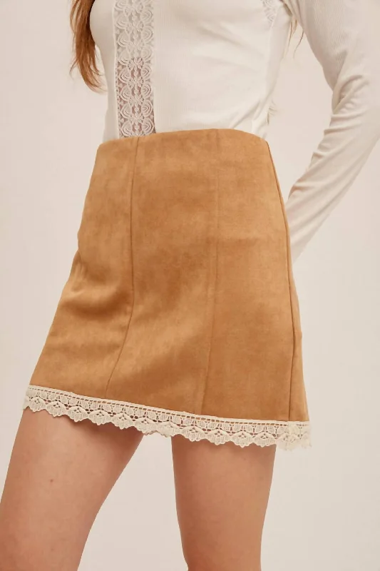 Affordable Women's Clothing Crochet Trim Suede Mini Skirt In Brown