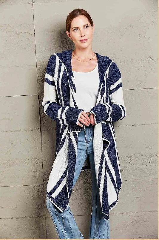 Modern Women's Apparel Striped Open Front Hooded Cardigan