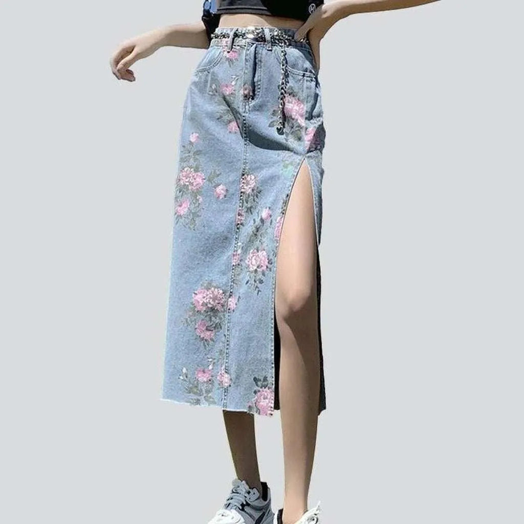 Modern Women's Clothes Slit denim skirt with flowers