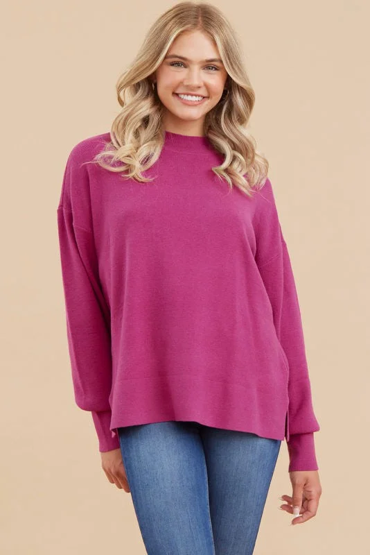 Women's Professional Attire Magenta Knit Mock Neck Long Sleeve Top