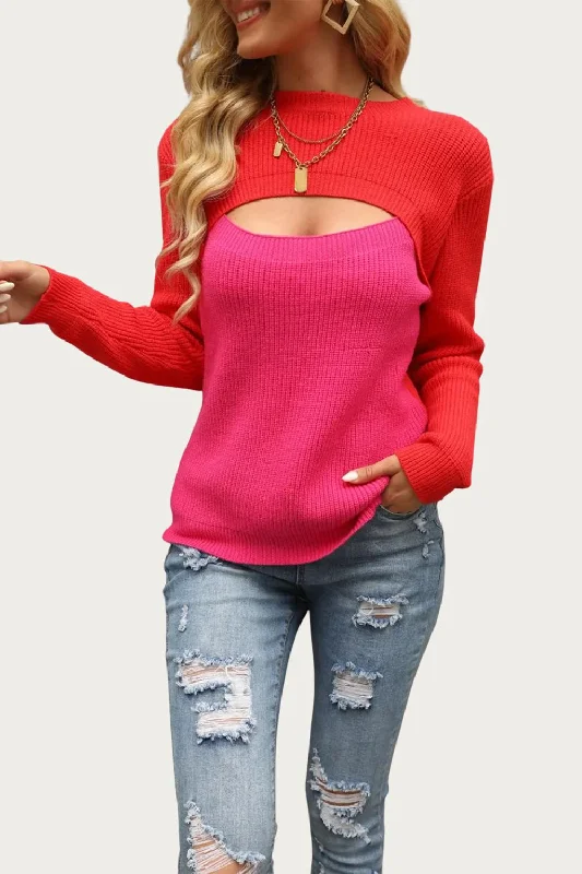 Women's Stylish Outdoor Outfit Two-Tone Colorblock Cutout Sweater In Red/hot Pink