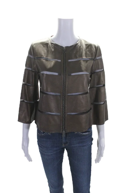 Women's Evening Wear In Transit 2 Womens Long Sleeves Full Zip Round Neck Leather Jacket Brown