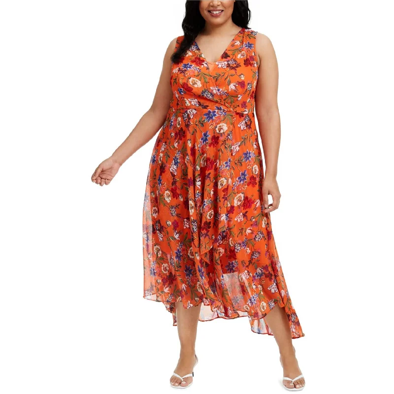 Outfits Ideas Calvin Klein Womens Floral Surplice Dress, Orange, 18W