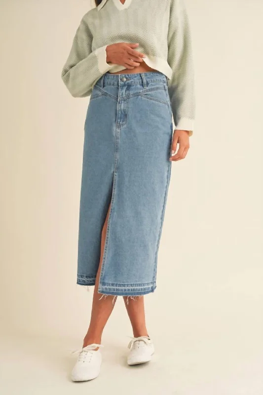 Fashionable Tops for Women Front Slit Midi Denim Skirt In Blue