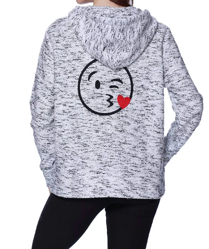 Women's Comfy Loungewear Outfit Kiss Emoji Hooded Cardigan In Black White