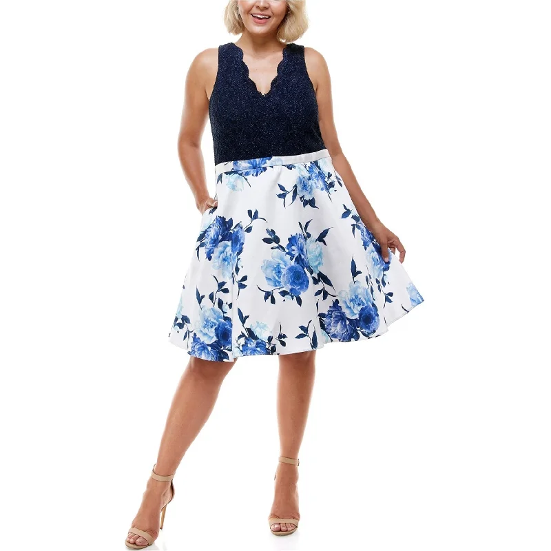 Flash Sale Clothing City Studio Womens Floral-Print Lace Fit & Flare Skater Dress, Blue, 18W