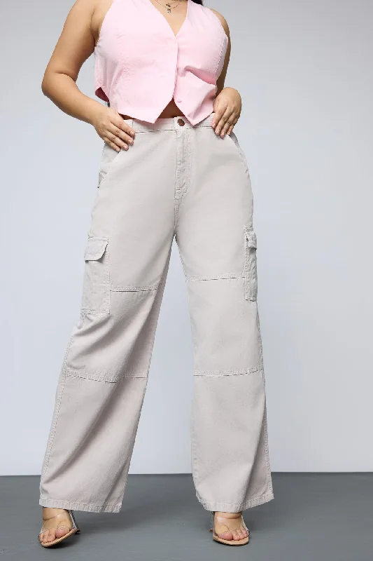 Affordable Women's Apparel Bohemian Beige Curve Straight Cargo Jeans