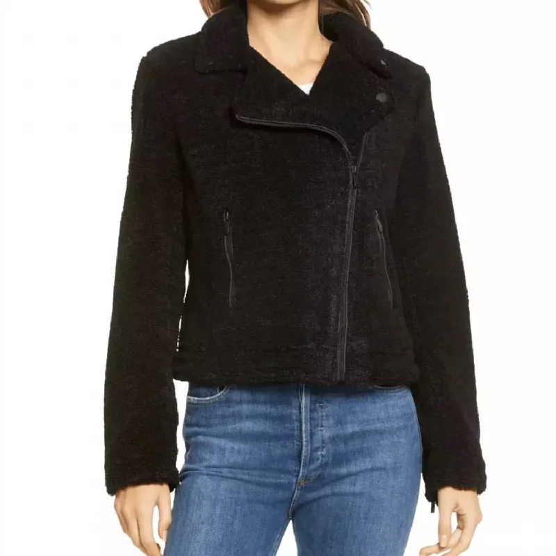 Women's Athletic Clothes Faux Fur Shearling Moto Jacket In Black