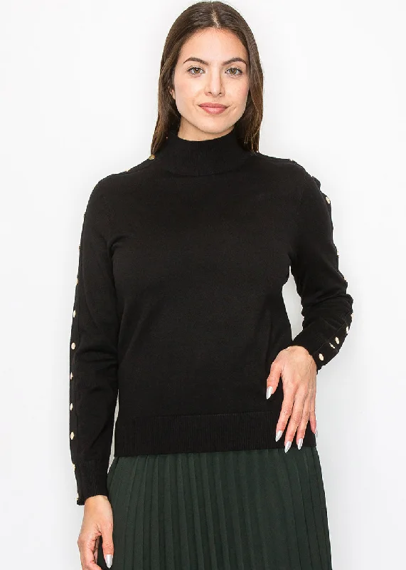 Women's Clothing Online Black Buttoned Sleeve Mock Neck Top