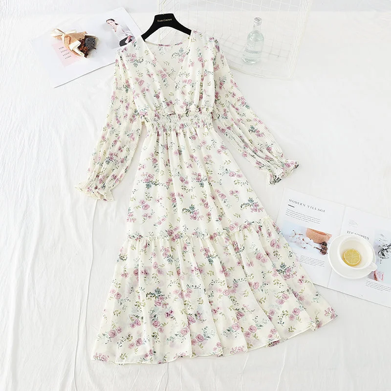 Women's Seasonal Wardrobe Clothing New gentle wind, slim slim, elastic waist, wrinkled Chiffon Floral Dress  4714