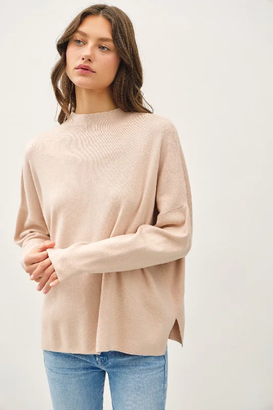 Women's Clothing Stores Beige Relaxed Fit Mock Neck Sweater