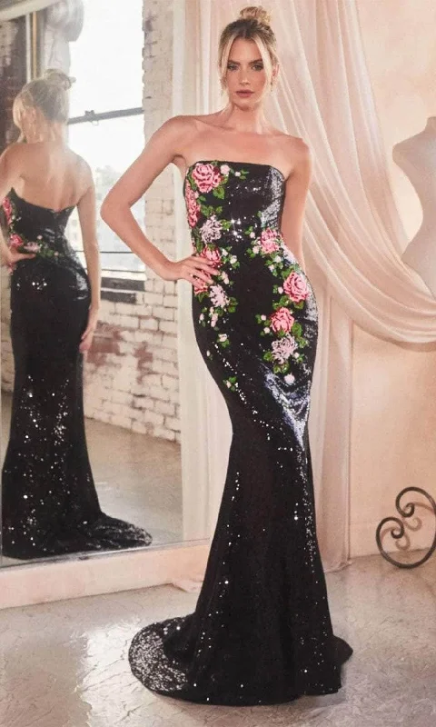 Plus Size Women Wear Cinderella Divine CD811 - Elegant Strapless with Floral Embroidery Prom Dress