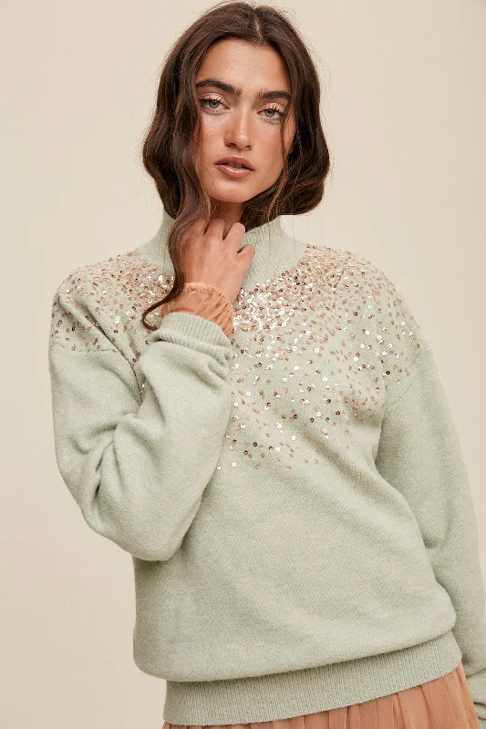 Women's Luxury Attire Mint Sequin Knit Mock Neck Sweater