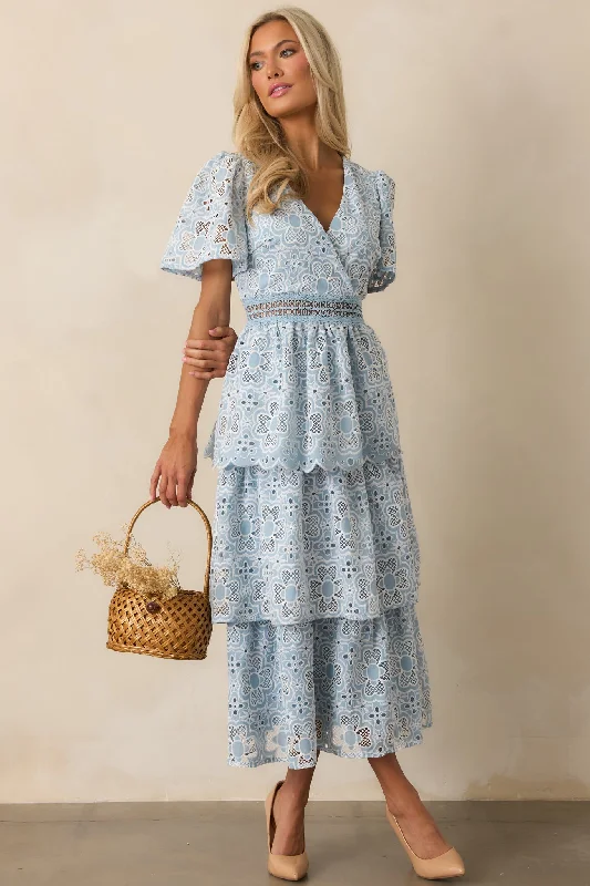 Women's Clothing Outfit Set Attending A Gala Blue Floral Embroidered Midi Dress