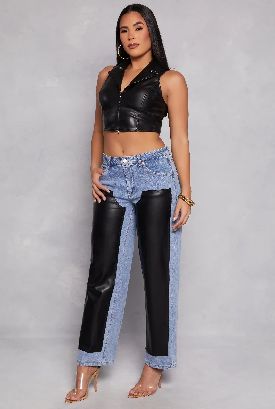 Elegant Clothing For Women Almost Famous Faux Leather Patchwork Jeans