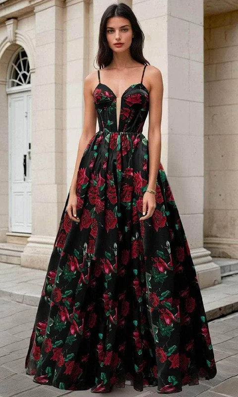 Affordable Women's Clothes Andrea and Leo A1465 - Corset Back Floral Print Evening Gown