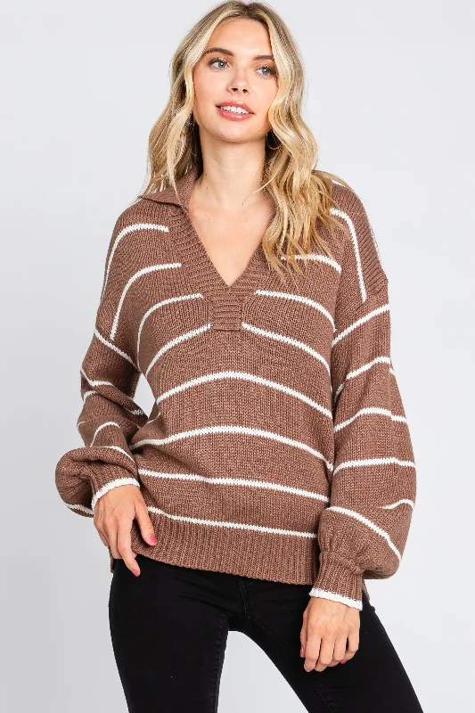 Women's Comfortable Garments Brown Striped V-Neck Collared Sweater