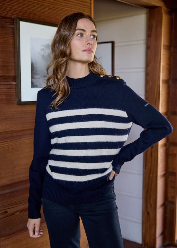 Women's Contemporary Apparel GALA - Striped Sweater With Shank Button Shoulder | 100% Textured Wool (NAVY / IVORY)