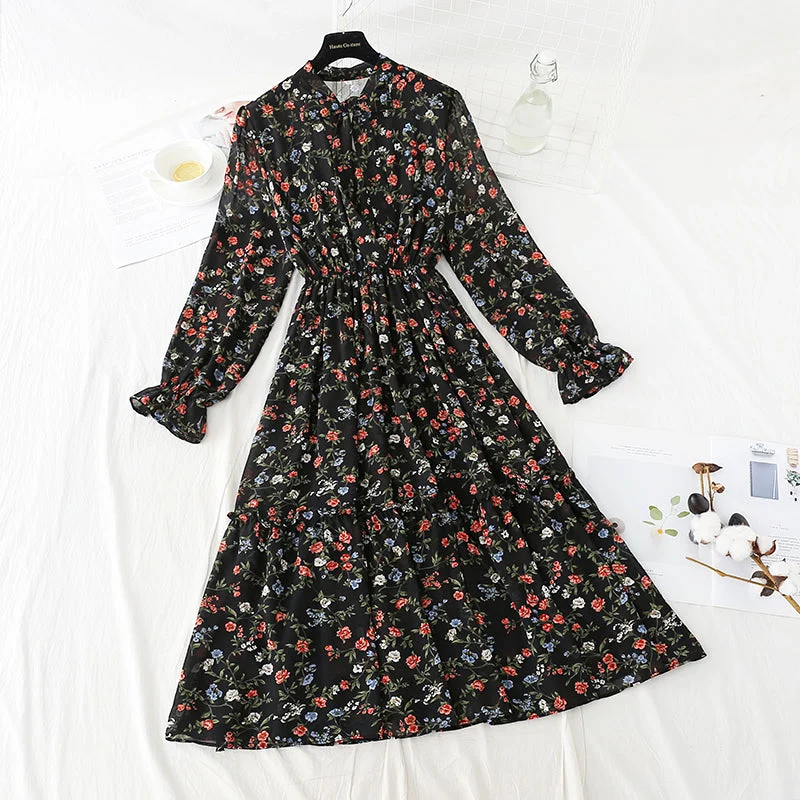 Women's Plus-Size Clothes Bow Elastic Waist floral dress Ruffle  4815