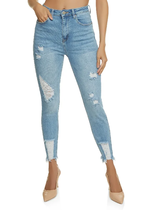 Timeless Women's Clothing WAX Distressed Frayed Hem Skinny Jeans