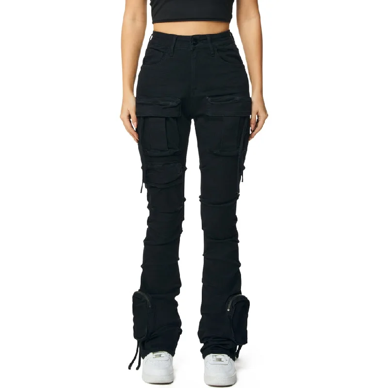 Trendy Casual Outfits High Rise Stacked Cargo Jeans - Deep Black